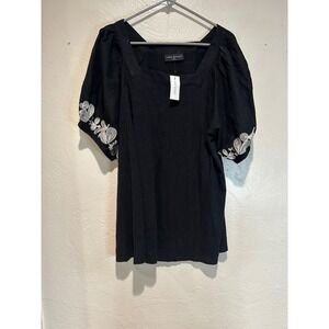 Lane Bryant Black Embroidered Puff Sleeve Square Neck Cotton Top Plus Size 14/16